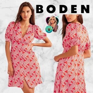 Boden Women's 8 Long Red Satin Tea Dress White Floral Daisy Puff Sleeve Button
